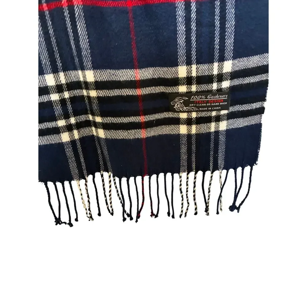 Italy Design Women's Plaid Winter 100% cashmere Fringe scarf Navy Gingham One Sz